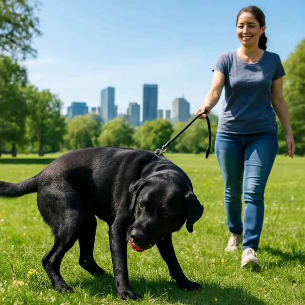 Black Labrador retriever in a city park licking its hind leg while on leash with a pet carer, midday light