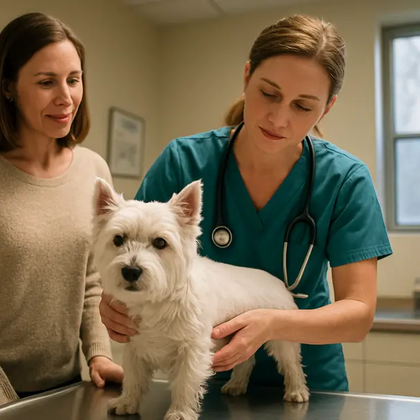 Small white terrier on veterinary exam table having its skin and hindquarters examined by a veterinarian, owner nearby