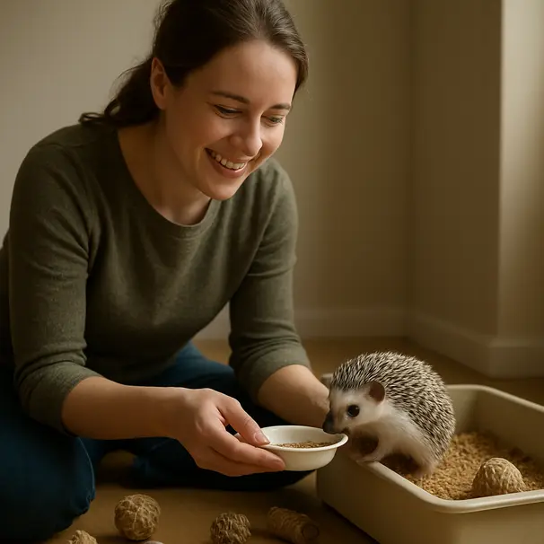 Pet carer feeding an African pygmy hedgehog from a shallow dish near enrichment toys in an indoor setting
