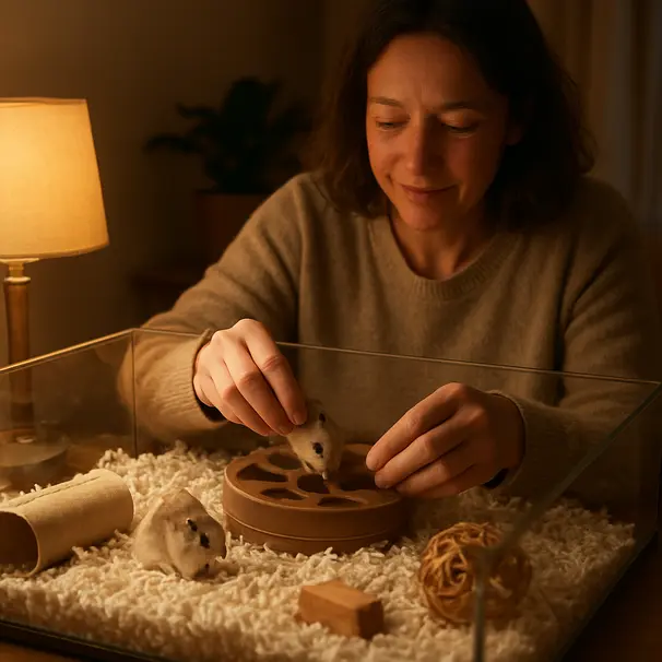 Volunteer carer placing an enrichment puzzle into a hamster enclosure with dwarf hamsters exploring tunnels and chew toys under warm lamp light