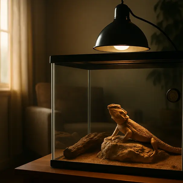 Bearded dragon in a terrarium basking under a heat lamp inside a living room with thermometers and pet care supplies visible