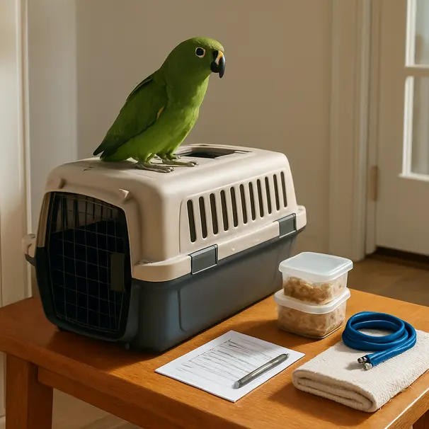 Parrot perched on a bird travel carrier with a travel checklist and food containers laid out in an entryway