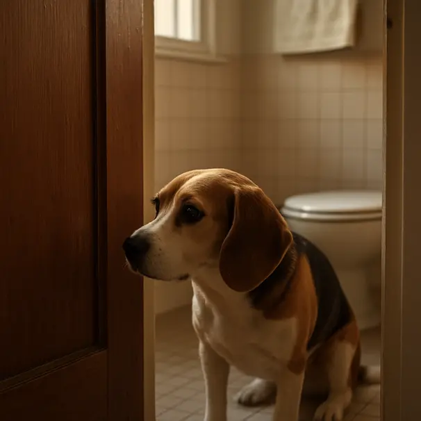 Small beagle peeking around a bathroom doorway into a sunlit bathroom, showing curiosity and attachment
