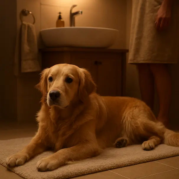Golden retriever resting on a bathmat near a person standing at the sink in a warmly lit bathroom