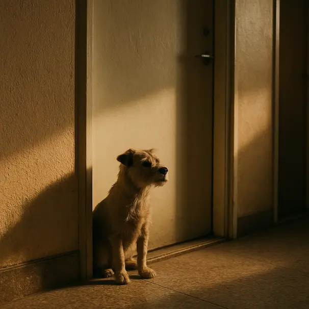 Small terrier sitting patiently outside a closed bathroom door in an apartment hallway, late afternoon light