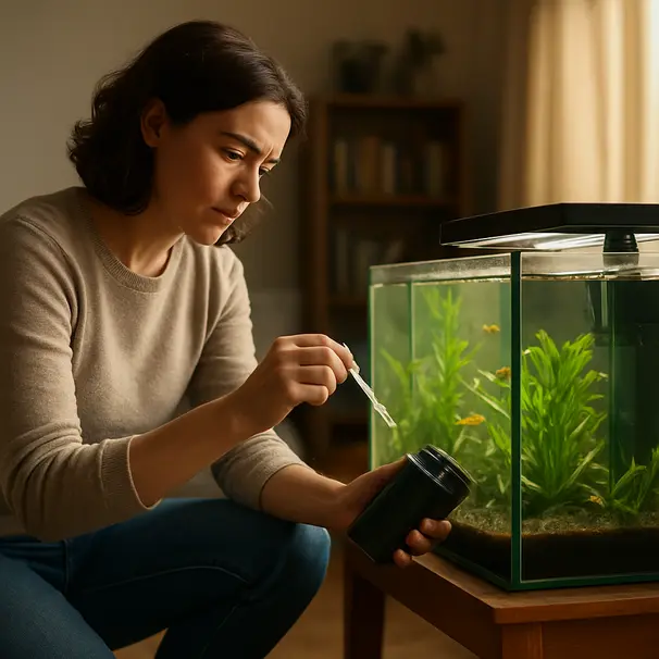 Pet carer checking aquarium filter and testing water with test strips beside a living room tank in daylight