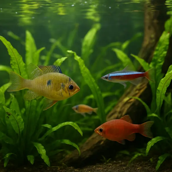 Close-up of colourful tropical fish swimming near planted aquarium plants and driftwood, fish exploring environment