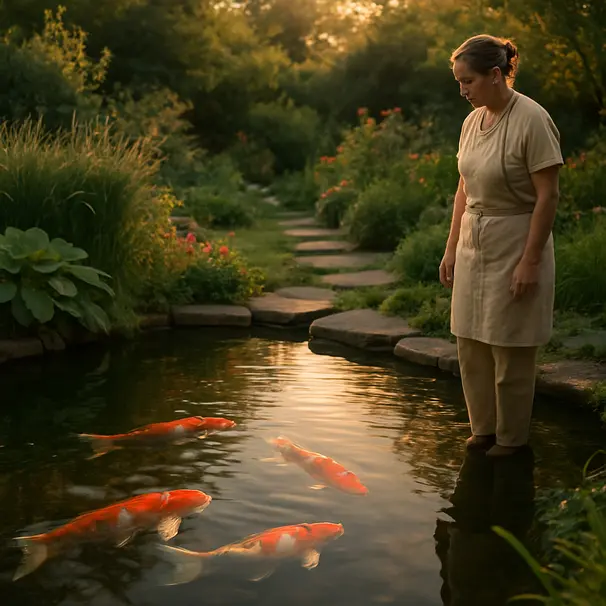 Outdoor garden pond at golden hour with koi at surface and a pet carer observing the pond surroundings