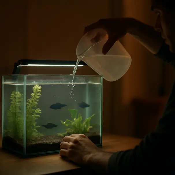 Person topping up aquarium water at night under soft LED lighting while fish swim calmly in silhouette