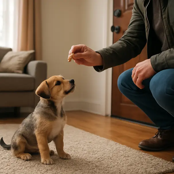 Small mixed-breed puppy meeting a visitor at a home doorstep, visitor crouched offering a treat in a warm indoor living room