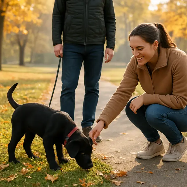 Black Labrador puppy on leash with a dog walker and owner in a sunny park with fallen leaves, puppy sniffing the grass