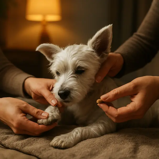 White terrier puppy on a blanket receiving gentle paw and ear handling from an owner and pet carer under warm indoor lighting