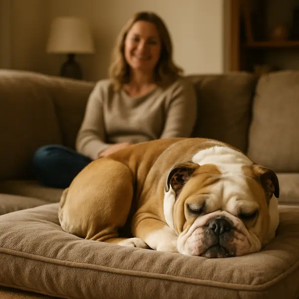 English Bulldog curled on a plush memory foam bed in a cozy living room, owner smiling in background