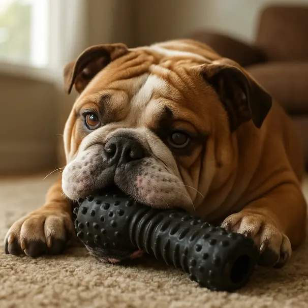 English Bulldog chewing a heavy-duty rubber toy on a rug with a playful expression