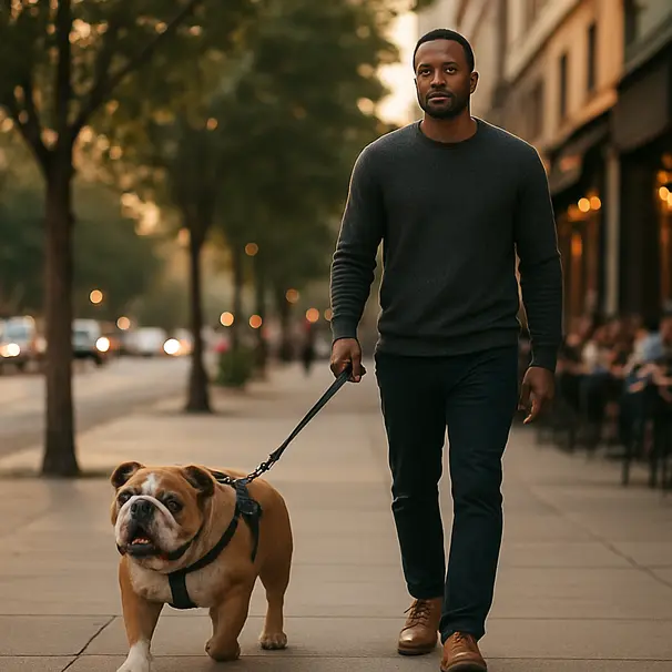 Professional dog walker strolling an English Bulldog on a padded harness along a tree-lined city street at golden hour