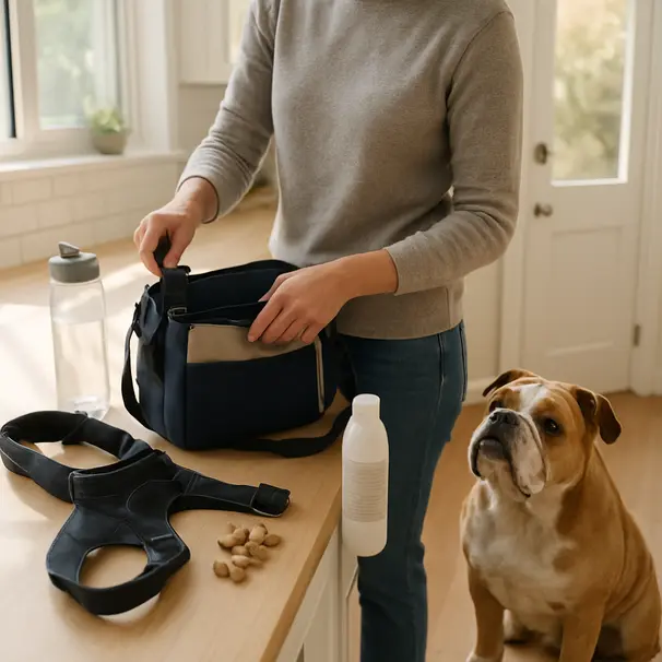 Bulldog sitting patiently by the door while owner packs a walking bag with harness, water bottle and treats