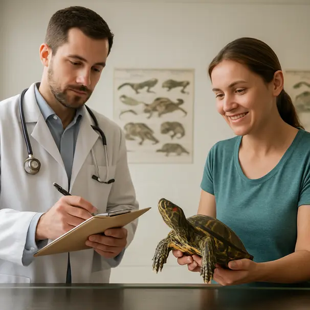 Pet carer holding a red-eared slider on an exam table as a veterinarian discusses health notes in a clinic