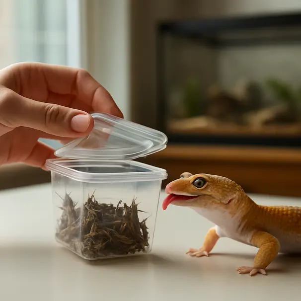 Person feeding gut-loaded crickets to a leopard gecko near its terrarium, showing safe handling and feeding supplies