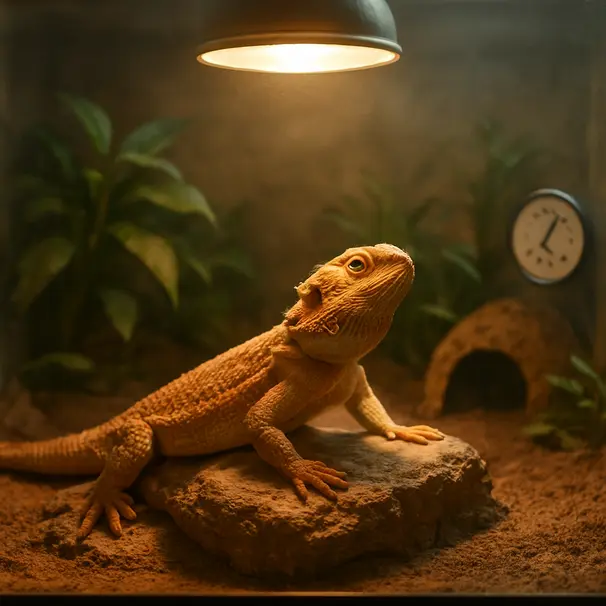 Bearded dragon resting on a rock under a basking lamp inside a well-furnished vivarium with thermometer visible
