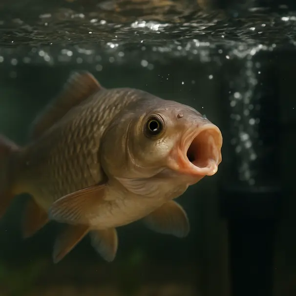 En fisk vid vattenytan med öppna gälar, synlig vattenrörelse och filtreringssystem i bakgrunden.