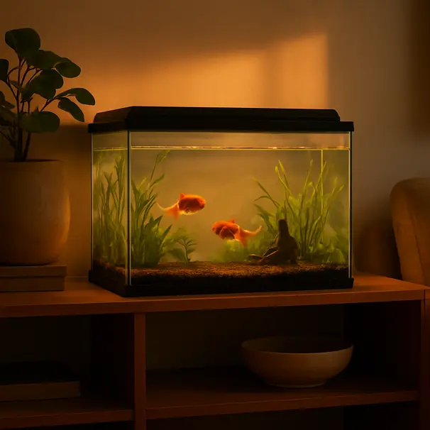 Akvarium i vardagsrum under kvällsljus, lugna fiskar nära dekorationer och varma reflektioner på glaset.