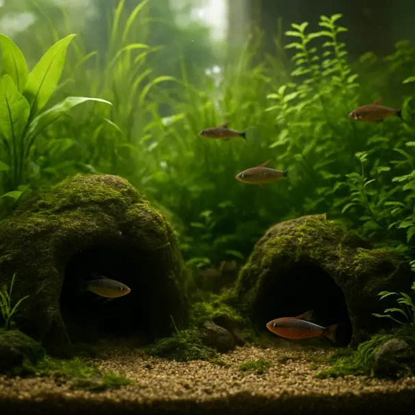 Ett frodigt akvarium med olika gömställen och flera fiskar som simmar mellan växter och klippor.