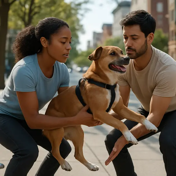 Two carers lifting a medium-sized dog together on a sidewalk, one supporting chest and the other the hind end, urban trees and buildings behind them