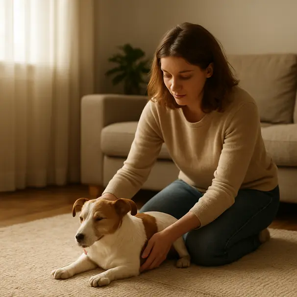 Owner kneeling in a living room preparing to lift a small relaxed dog, hands under chest and hips, warm daylight and home furnishings visible