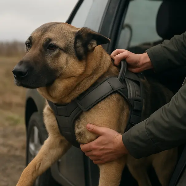 Large dog in padded harness being gently lifted by a carer into a car, focus on the harness handle and hands, subdued outdoor lighting