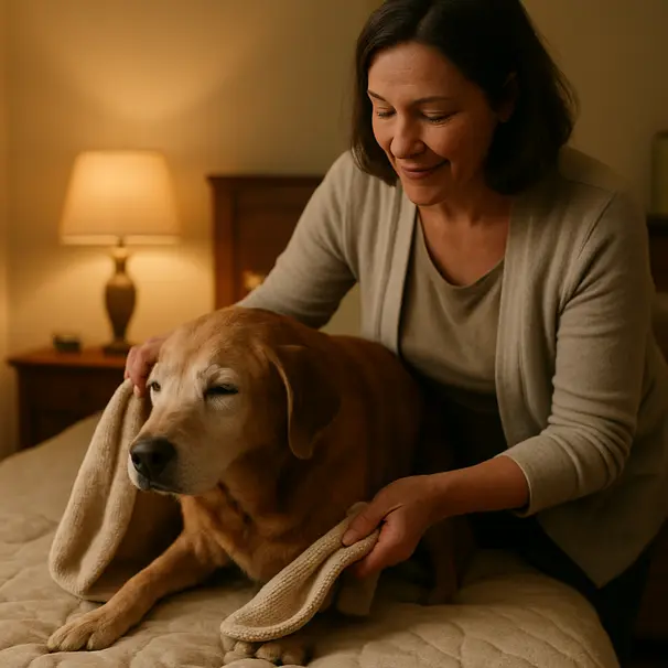Carer using a towel sling to assist a senior dog onto a bed in a warmly lit bedroom at dusk, calm expression from the dog