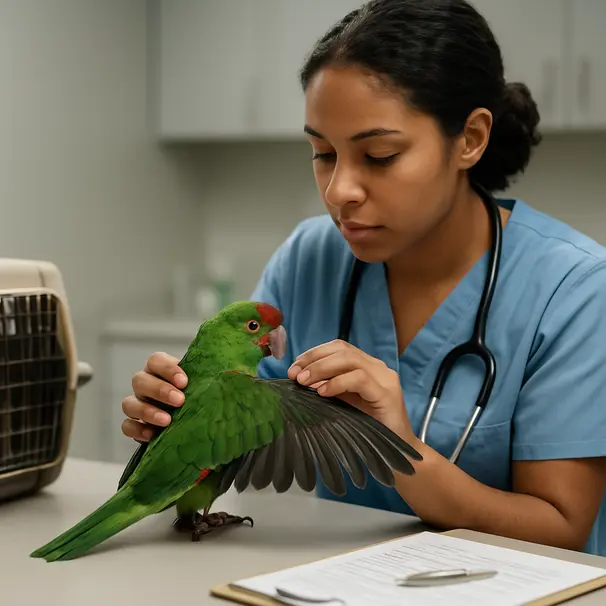Parrot on an examination table being gently checked by a vet tech in a calm veterinary room