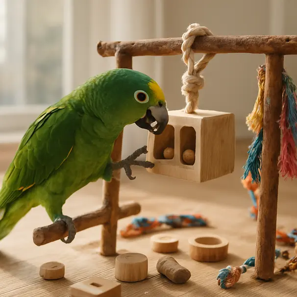 Parrot using a foraging toy on a play stand inside a bright room, pulling a treat from the toy