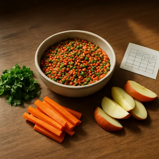 Table with bowls of pellets and fresh vegetables prepared for a parrot, feeding schedule card beside food