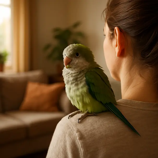 Medium-sized parrot perched on a caregiver's shoulder in a cozy living room, natural light, relaxed interaction