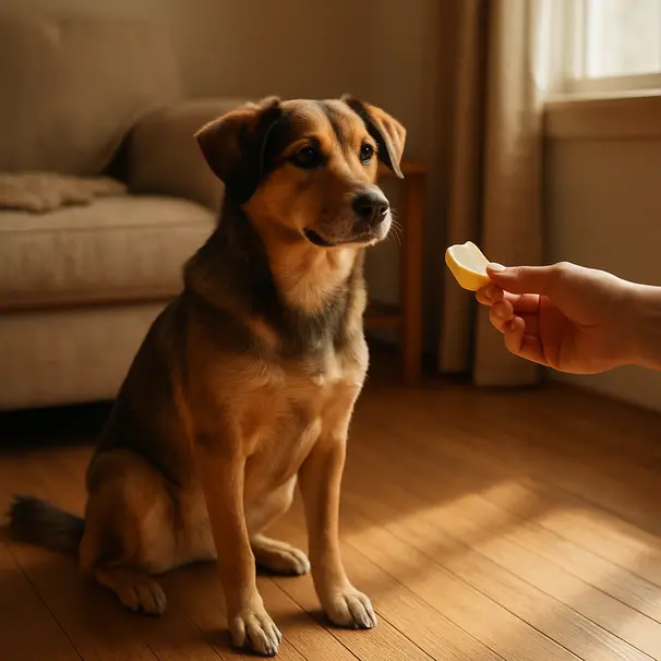 Mixed-breed dog indoors being given a plain apple slice by a person, warm window light, kitchen floor visible