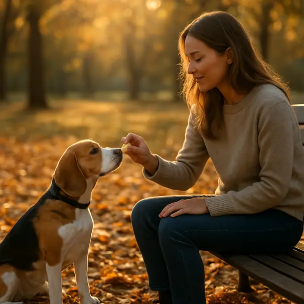 Pet carer in park giving a frozen banana slice to a beagle on a bench, golden hour lighting, autumn leaves