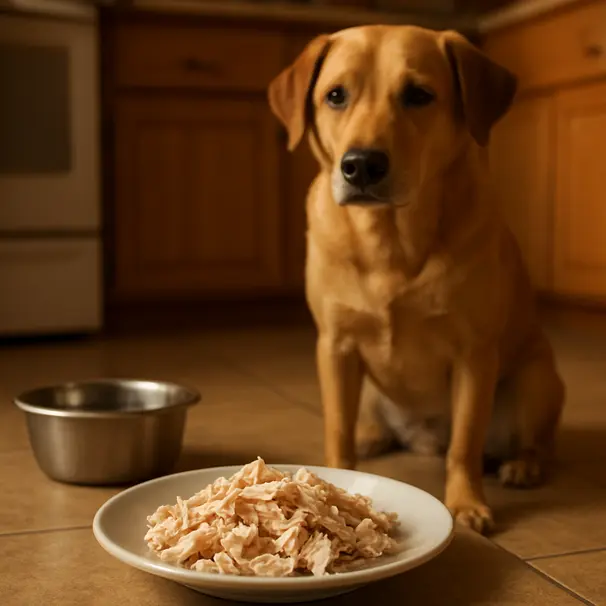 Plate of shredded cooked chicken bites with a dog waiting in the background in a home kitchen