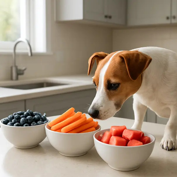 Small dog sniffing a kitchen counter with bowls of blueberries, carrot sticks, and watermelon cubes, daylight