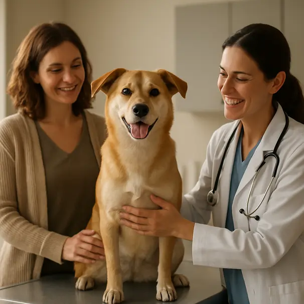 Mixed-breed dog on an exam table in a bright vet clinic with a vet checking the dog and a pet carer watching attentively