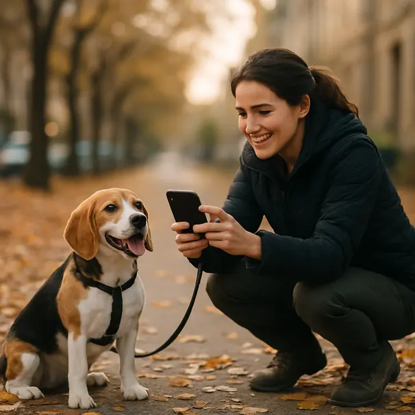 Pet carer taking a photo of a beagle on a city sidewalk with autumn leaves and evening light, smartphone visible