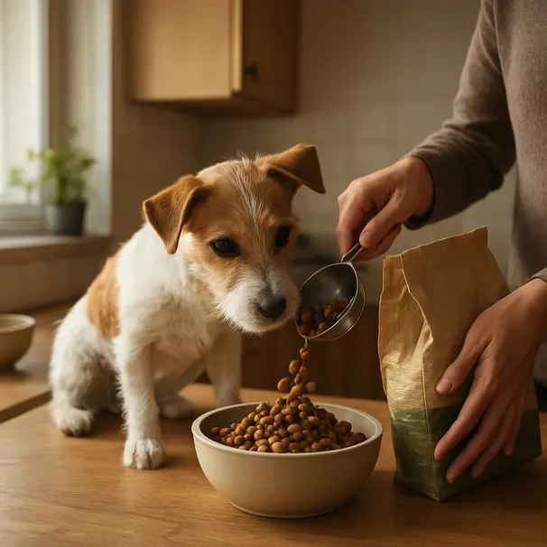 Person measuring dog food into a bowl on a wooden kitchen counter for a small terrier under natural window light