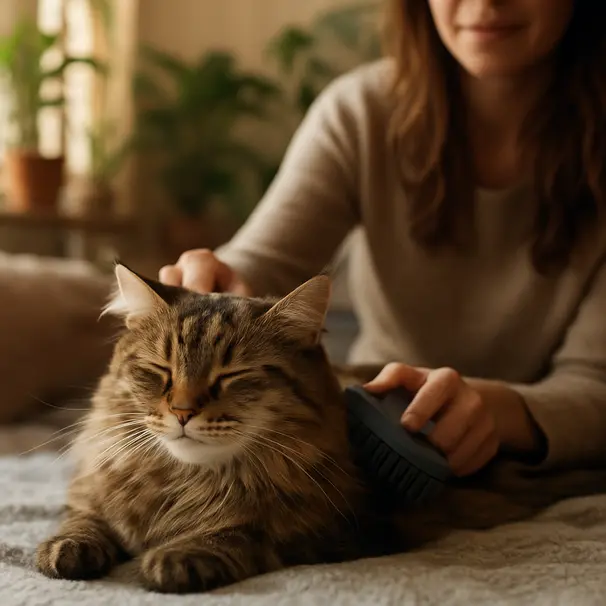 Woman brushing a long-haired cat on a blanket in a cozy living room with plants and warm afternoon light