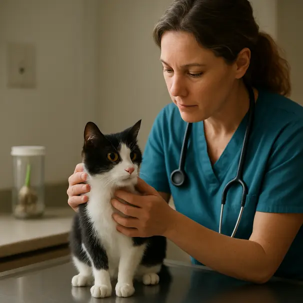 Veterinarian examining a black-and-white cat on an exam table with a daffodil bulb in a sealed container nearby