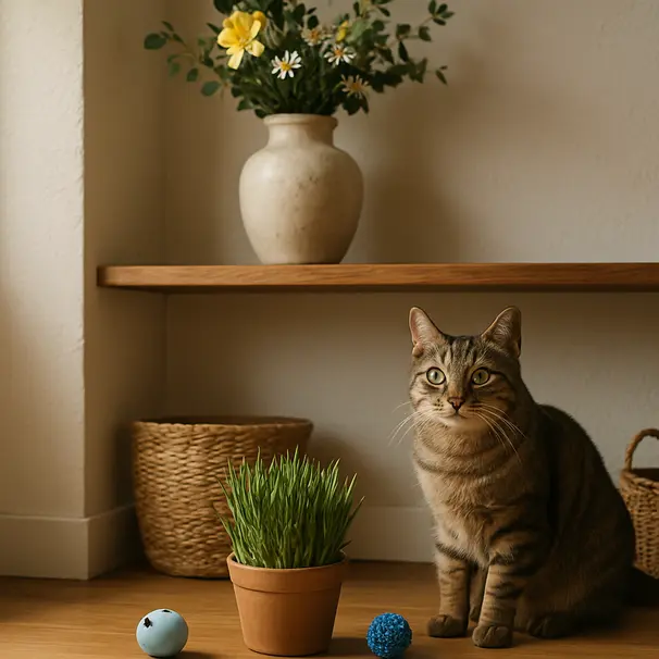 Cat-safe corner featuring cat grass, toys, and a heavy vase placed out of reach on a shelf