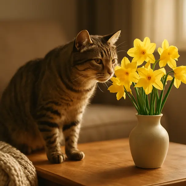 Tabby cat sniffing a daffodil bouquet on a coffee table in a sunlit living room
