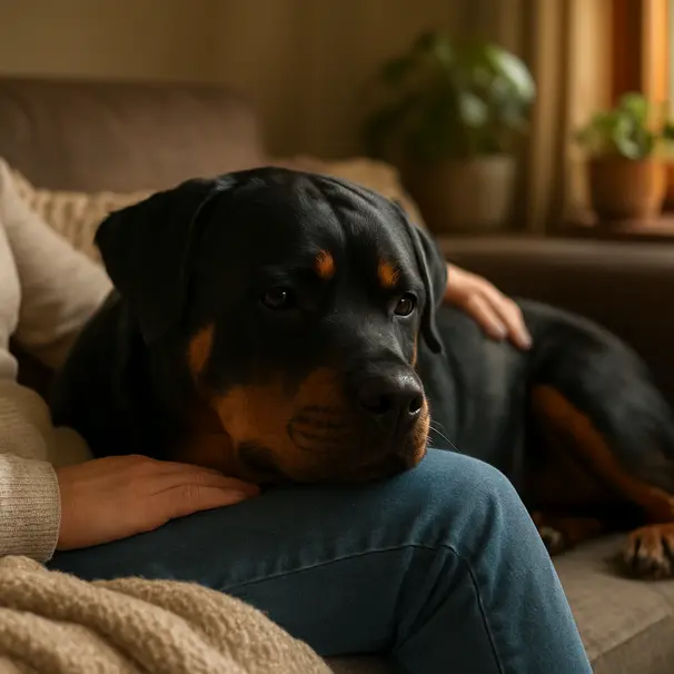 Rottweiler resting head on owner's lap in cozy living room, afternoon light, blankets and plants visible