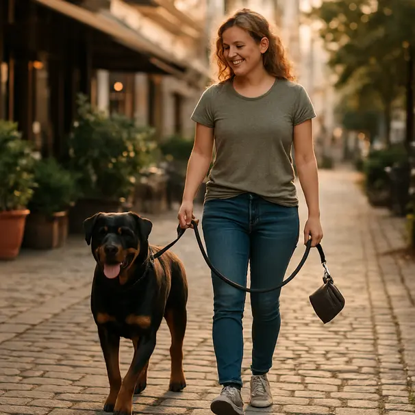 Rottweiler being walked by a pet carer on a cobblestone city sidewalk during golden hour, cafe awnings visible