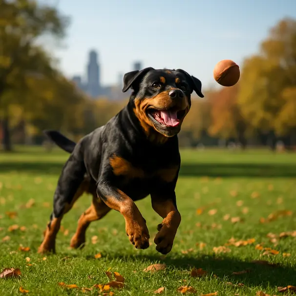 Rottweiler running after a ball in a park with green grass and autumn leaves, mid-morning light