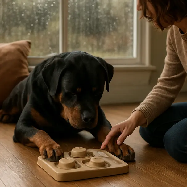 Rottweiler working a treat puzzle on a wooden floor near a rain-speckled window with owner nearby