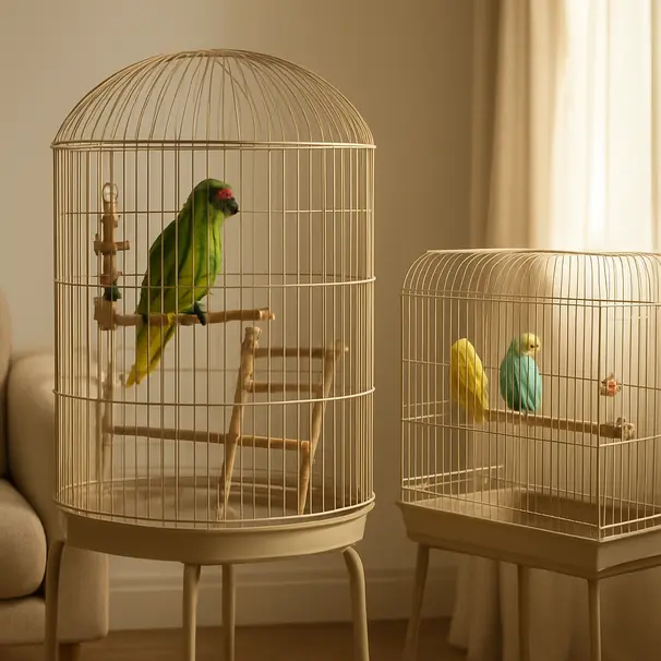 Coin de salon avec deux cages à oiseaux à différentes hauteurs, perchoirs et jouets visibles